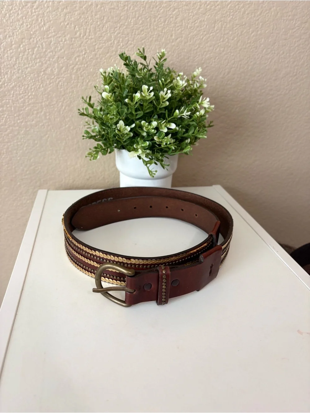 Express Brown Genuine Leather Sequin Studded Statement Belt Size L